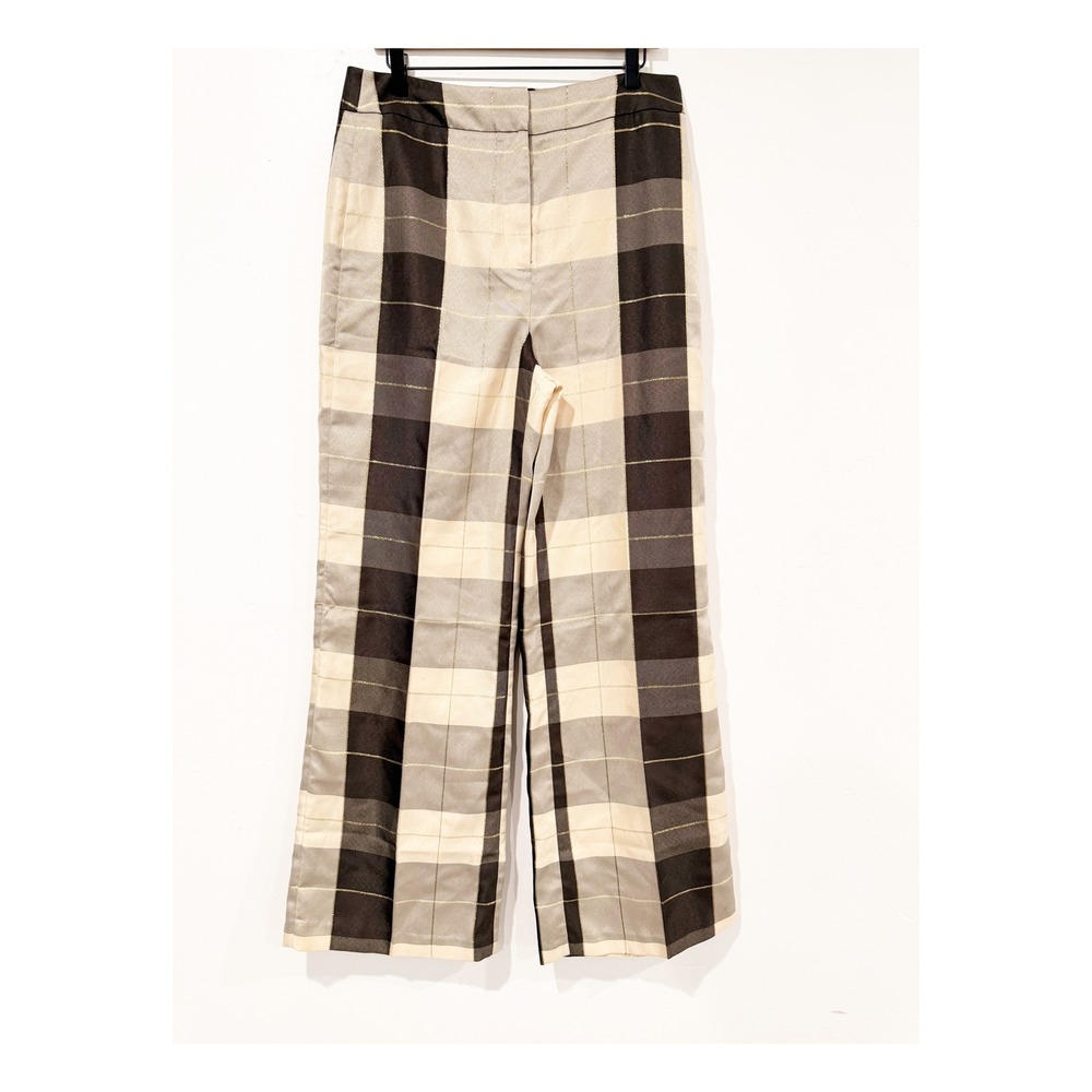 Tuckernuck Plaid Wide Leg Pants Gold Lurex Metallic Neutral Brown Cream Sz 12